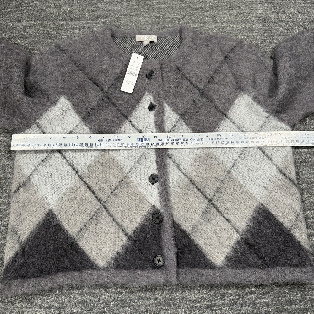 J Crew Argyle Cardigan Sweater Women Medium Gray Fuzzy Alpaca Preppy Lightweight - Picture 7 of 11